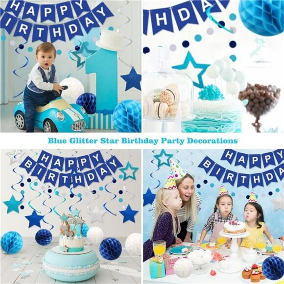 Blue Happy Birthday Party Decorations Set Banner Swirls Garland for Kids Adults - Picture 4 of 7